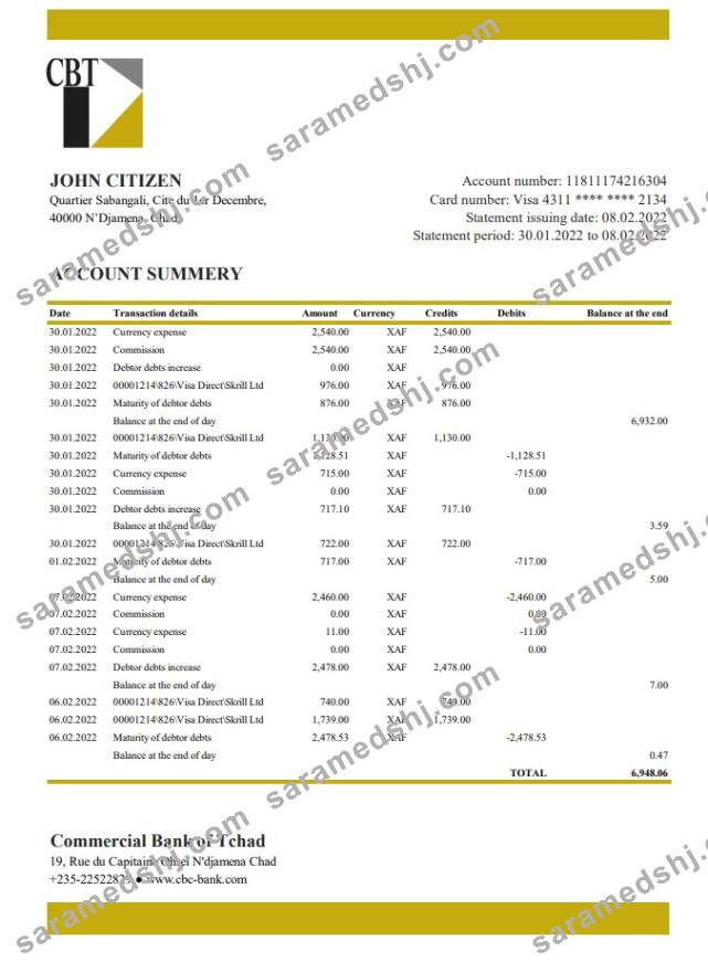 Chad Commercial Bank of Tchad bank statement